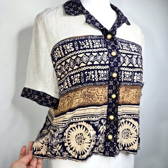 Vintage JSJ Petites Navy White Woven Tapestry Navajo Aztec Crop Length Shirt USA - Picture 5 of 9